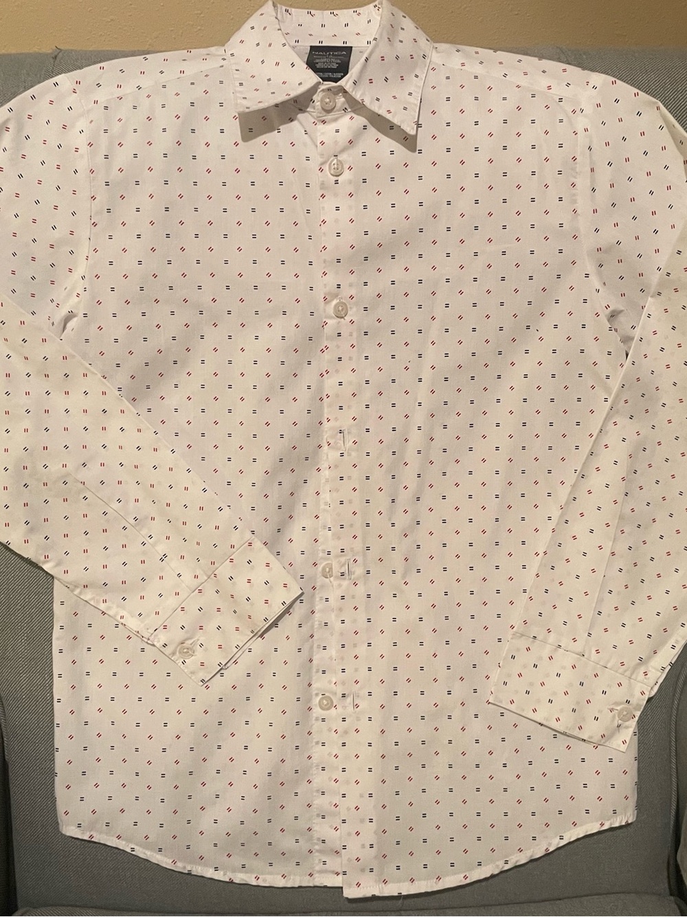 Nautica White Long-Sleeve Button-Up with Red and Navy Micro Print
